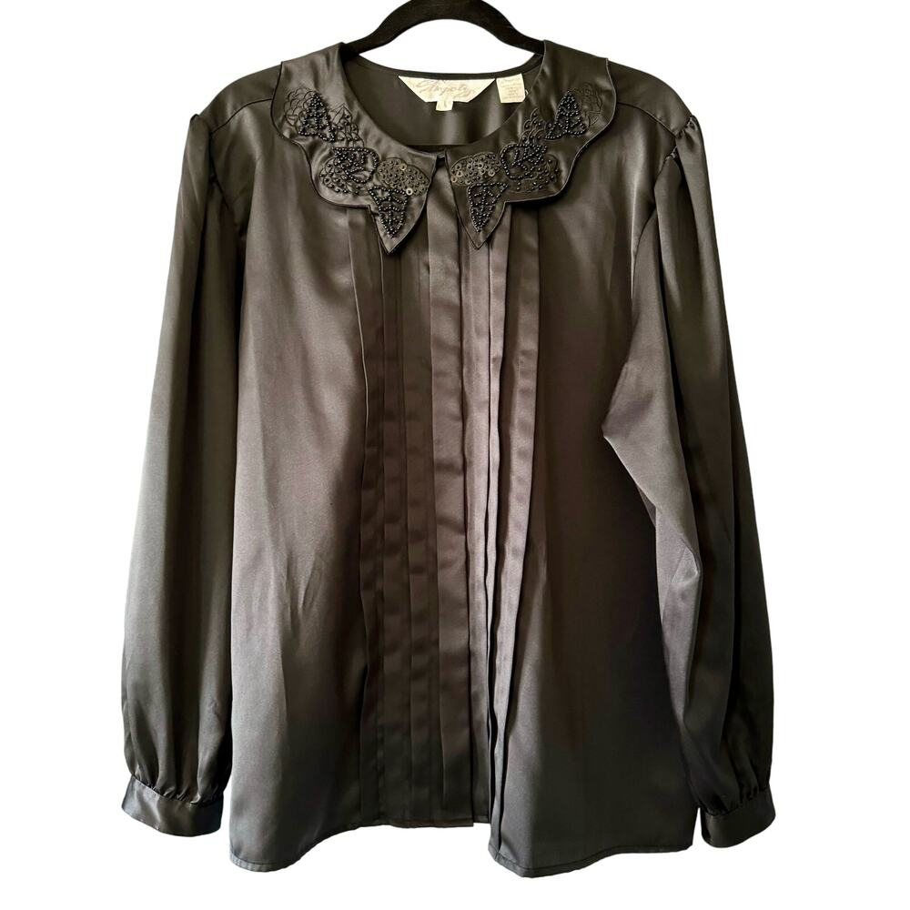 Shapely Black Beaded Sequin Peter Pan Collar Pleated Button Up Long Sleeve 18